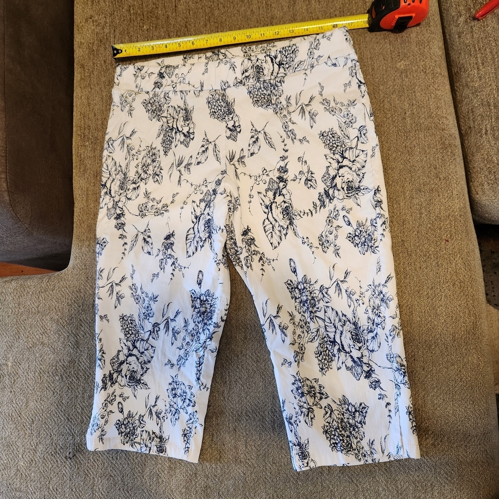 Espresso Capris with Blue Floral Design